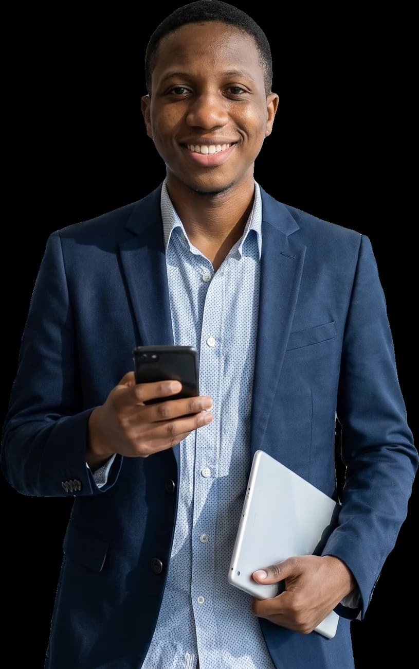Jessé Oliveira de blazer azul, sorrindo, com um celular e um tablet na mão