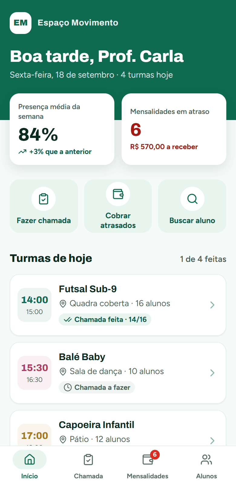 Tela do Chamada: mini app de gestão para escolinhas
